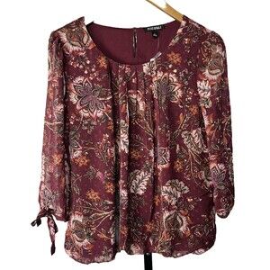 Roz & Ali‎ Dressbarn Blouse NWT Small Earthy Red Floral 3/4 Sleeve Romantic
